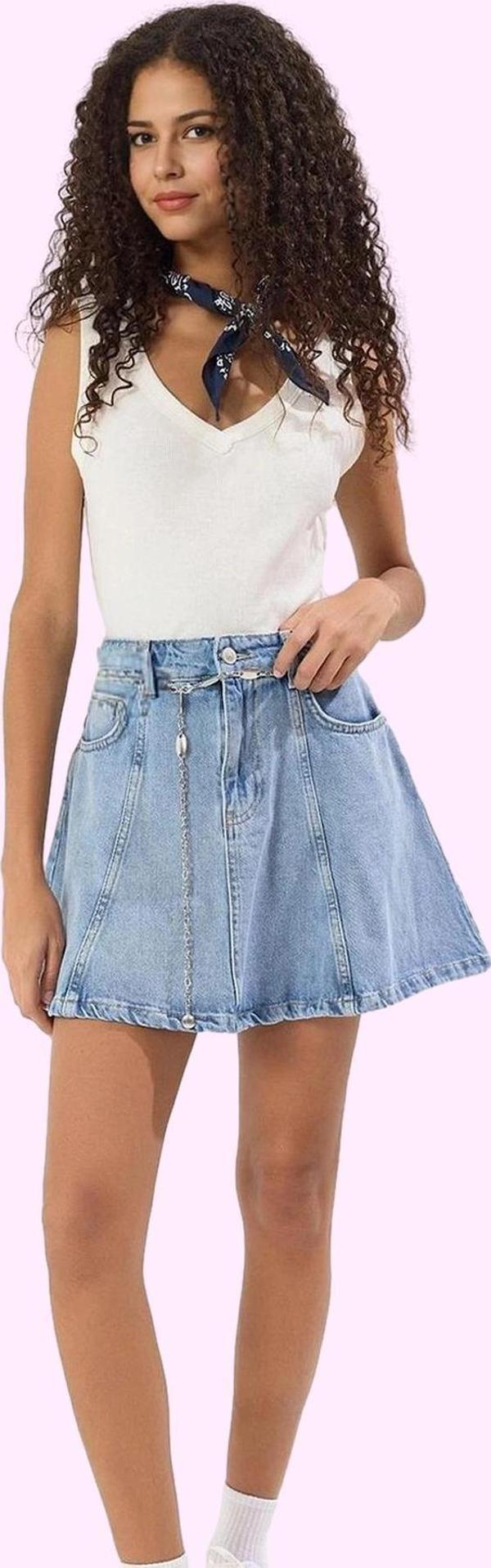 Kadın Denim Mini Etek Yüksek Bel A line Fırfırlı Pamuklu Yazlık Yaz Aylarının Vazgeçilmezi - Image 1