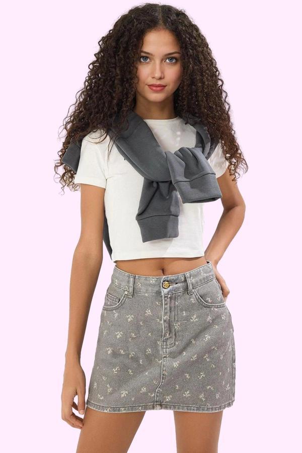 Kız Çocuk Mini Denim Balon Etek Çiçek Desenli Pamuklu Yazlık Günlük Kullanım Modern Tasarım - Image 1