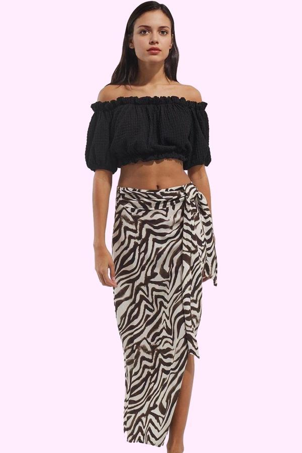 Kadın Midi Boy Zebra Desenli Sarong Etek Kuşaklı Viskoz Günlük Kullanım Yaz Aylarının Vazgeçilmezi - Image 1