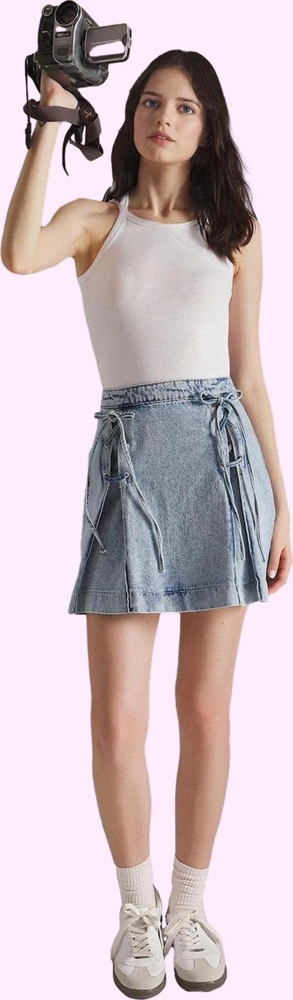 Kadın Denim Mini Etek Bağlama Detaylı A line Kalıp Pamuklu Günlük Stil Yaz Aylarının Vazgeçilmezi - Image 1
