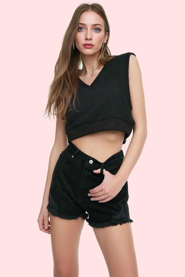 Kadın Yüksek Bel Mini Denim Şort Yırtık Detaylı Pamuklu Yazlık Günlük Kullanım Özel Günler - Image 1