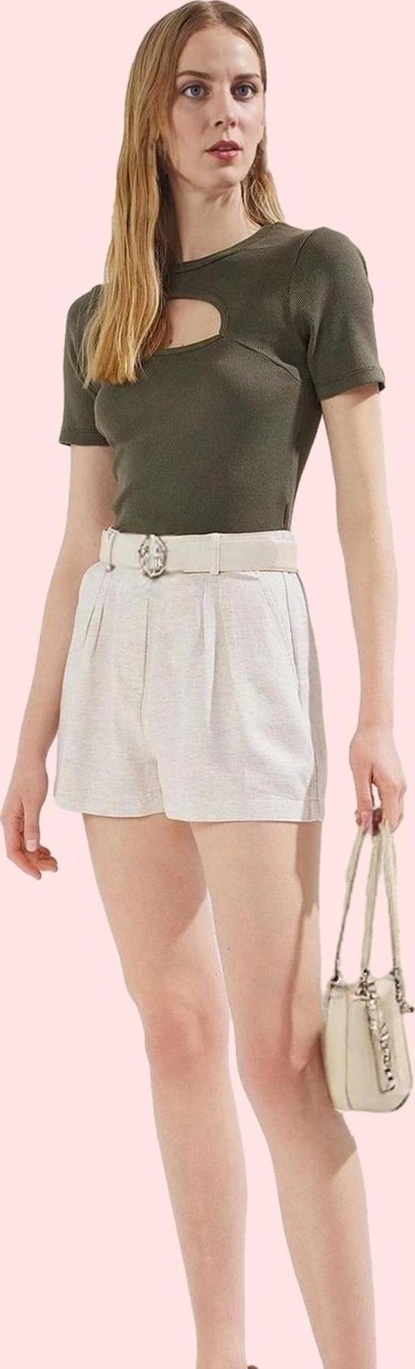 Kadın Keten Görünümlü Yüksek Bel Şort Rahat Günlük Yaz Modern Tasarım Stilin Buluştuğu Yer - Image 1