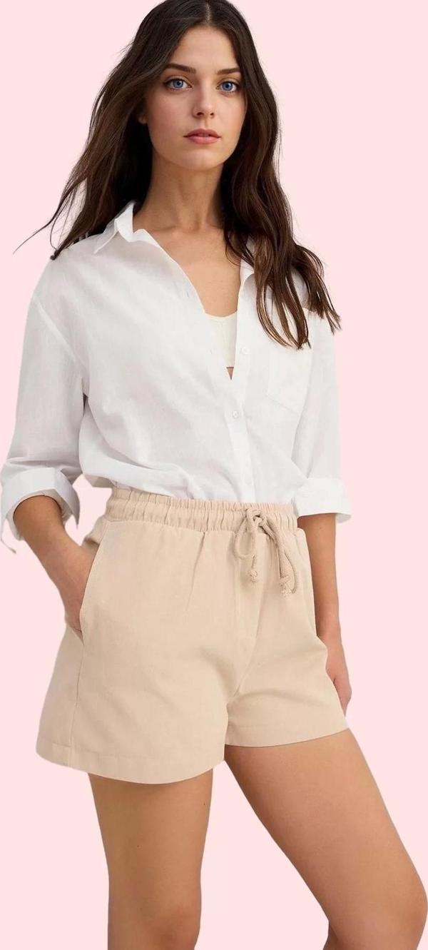 Kadın Pamuklu Gabardin Mini Şort Yüksek Bel Straight Kesim Yazlık Günlük Dayanıklı Malzeme - Image 1
