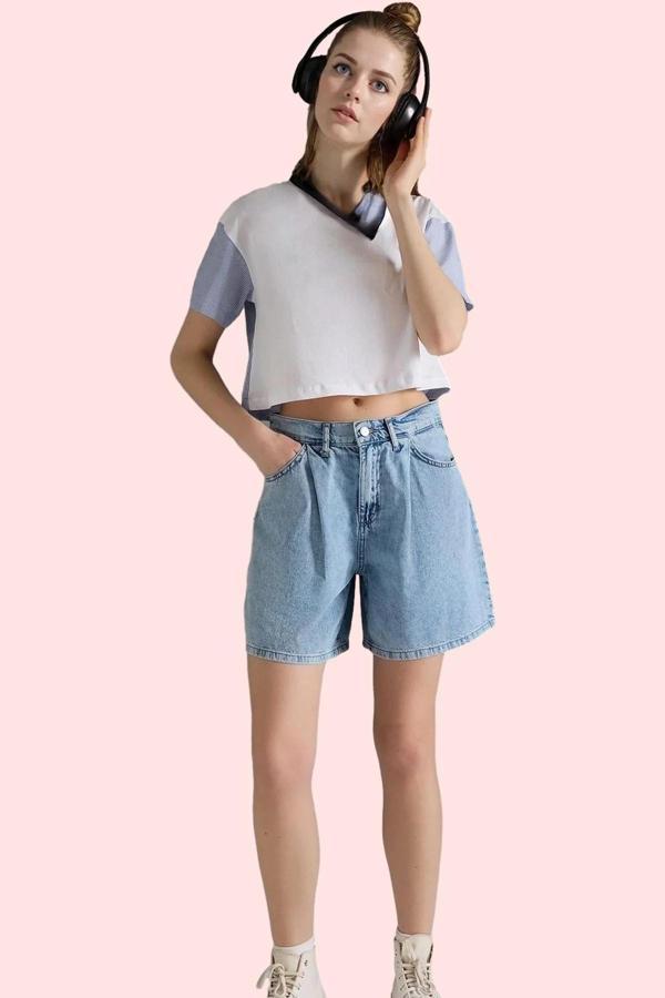 Kadın Denim Bermuda Şort Geniş Paça Yüksek Bel Pamuk Günlük Kullanım Yaz Aylarının Vazgeçilmezi - Image 1