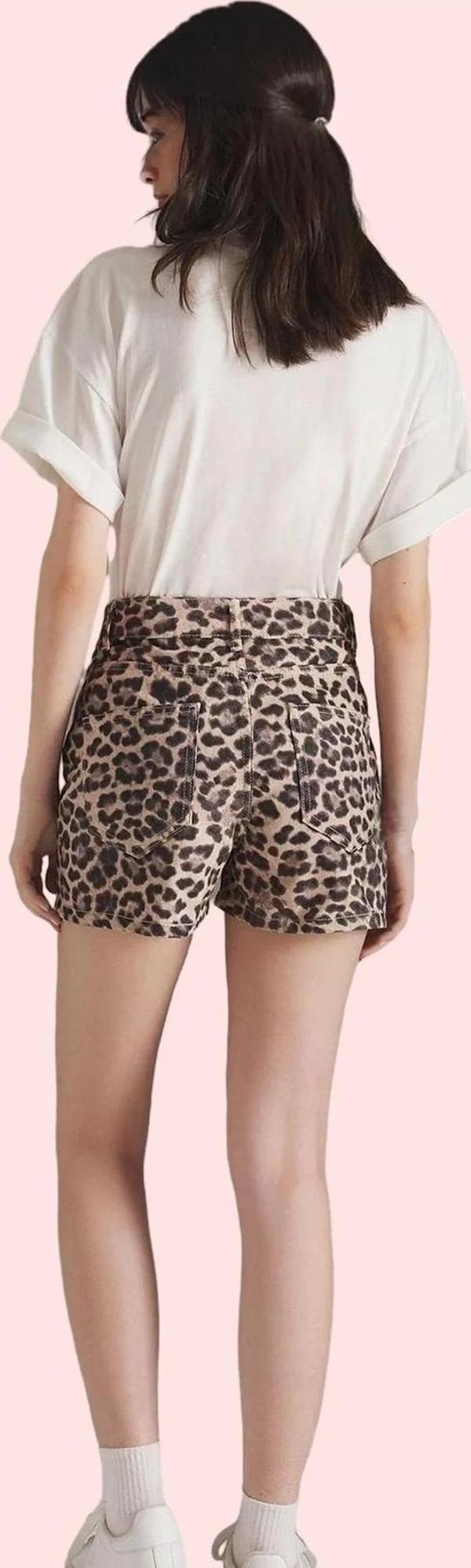 Kadın Leopar Desenli Yüksek Bel Geniş Paça City Short Pamuklu Yazlık Şort Günlük Kombinler - Image 1