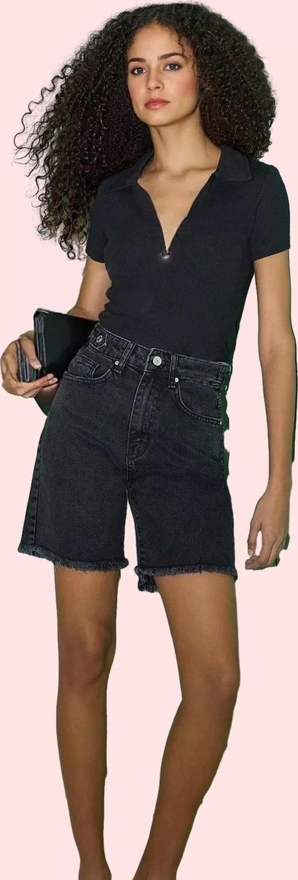 Kadın City Short Denim Şort Yüksek Bel Boru Paça Pamuklu Günlük Kullanım Dayanıklı Malzeme - Image 1