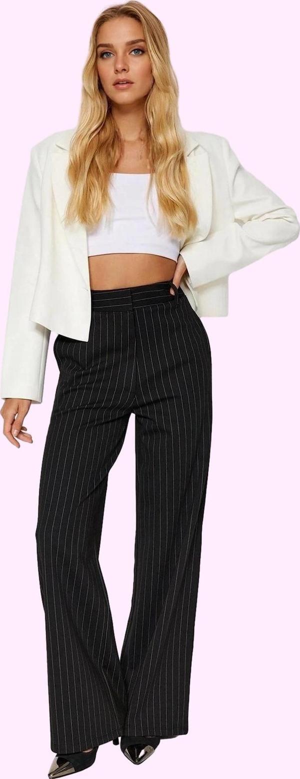 Kadın Yüksek Bel Çizgili Straight Fit Pantolon İnterlok Örme Kışlık Yaz Aylarının Vazgeçilmezi - Image 1