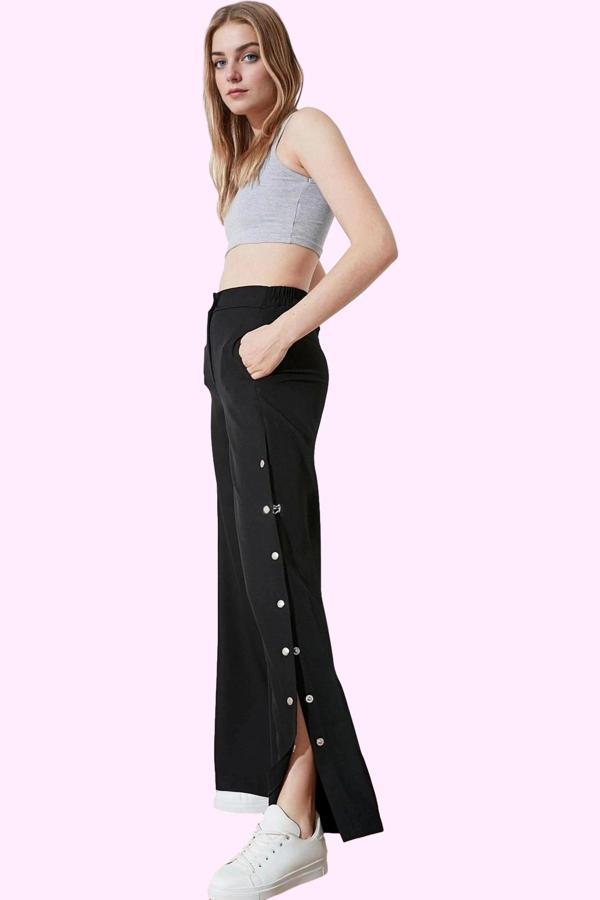 Kadın Geniş Paça Dokuma Pantolon Yüksek Bel Düz Desenli Casual Günlük Yaz Aylarının Vazgeçilmezi - Image 1