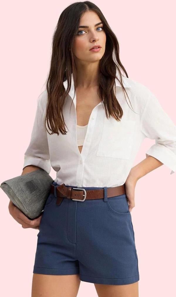 Kadın Pamuklu Gabardin Mini Şort Yüksek Bel Geniş Paça Günlük Kombinler Yaz Aylarının Vazgeçilmezi - Image 1