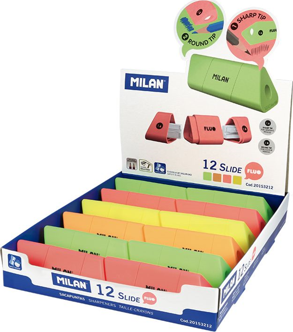 MILAN 20153212 SLIDE ÇİFT DELİKLİ Kalemtıraş(FLUO) - 12ADET - Image 1