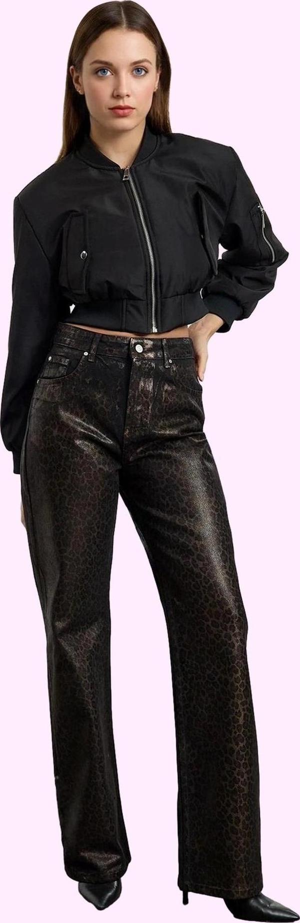 Kadın Geniş Paça Yüksek Bel Leopar Baskılı Jean Uzun Boy Pamuklu Günlük Stil Modern Tasarım - Image 1