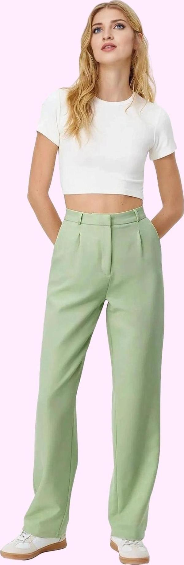 Kadın Geniş Paça Pileli Dokuma Pantolon Yüksek Bel Casual Günlük Yaz Aylarının Vazgeçilmezi - Image 1