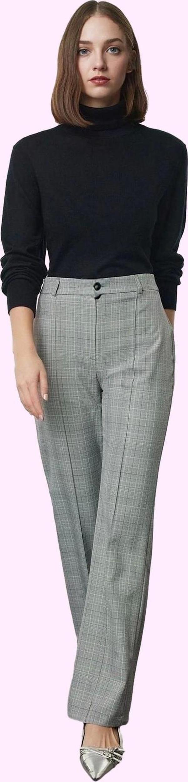 Kadın Yüksek Bel Ekose Boru Paça Pantolon Kış Mevsimi Şıklığı Günlük Kullanım Modern Tasarım - Image 1