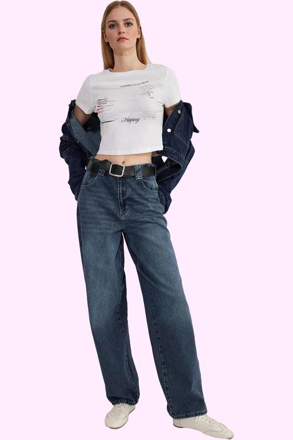 Kadın Baggy Fit Jean Uzun Boy Normal Bel Pamuklu Günlük Kombinler Yaz Aylarının Vazgeçilmezi - Image 1