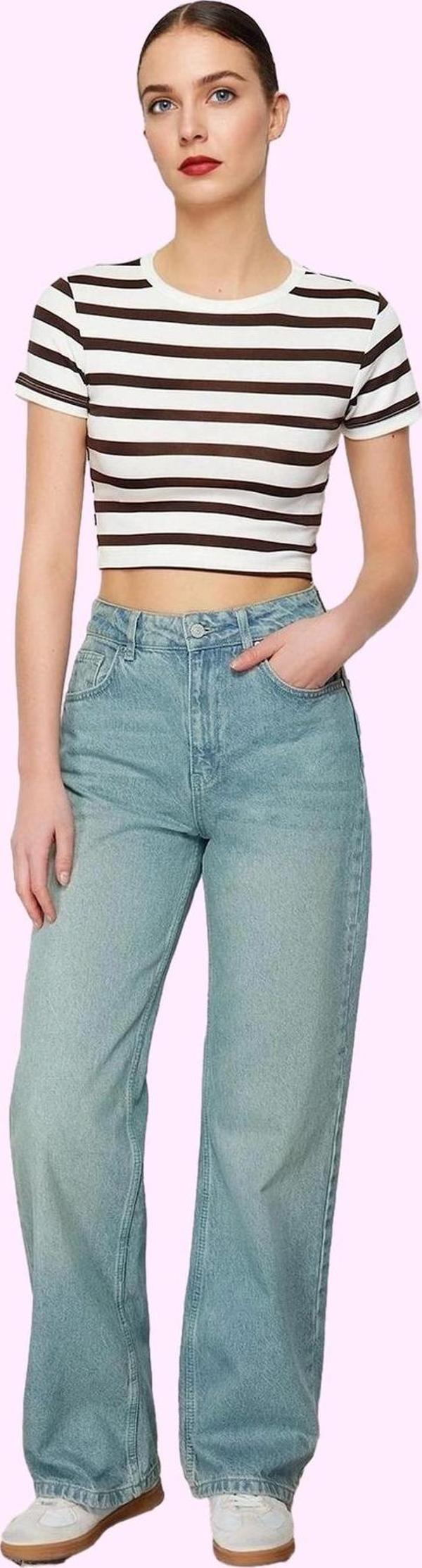 Kadın Yüksek Bel Geniş Paça Uzun Jean Pantolon Pamuk Günlük Stil Yaz Aylarının Vazgeçilmezi - Image 1