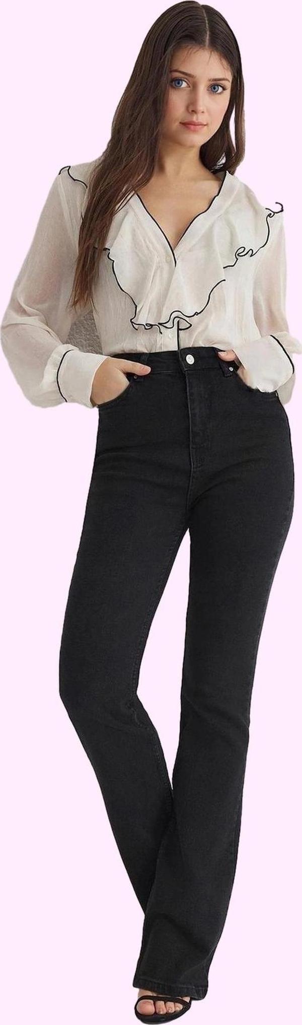 Kadın Yüksek Bel İspanyol Paça Jean Denim Pantolon Günlük Kombinler Yaz Aylarının Vazgeçilmezi - Image 1