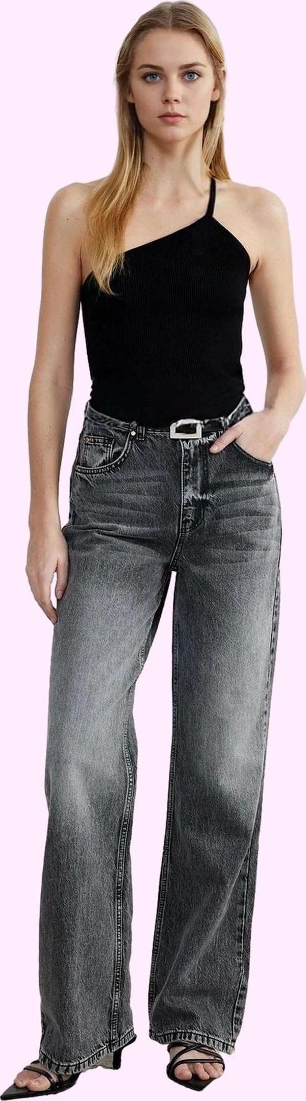 Kadın Yüksek Bel Geniş Paça Jean Pantolon Düz Desen Care Koleksiyonu Günlük Modern Tasarım - Image 1