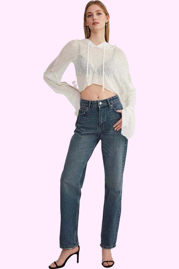 Kadın Yüksek Bel Straight Jean Boru Paça Günlük Stil Pamuk Hafta Sonu Yaz Aylarının Vazgeçilmezi - Image 1