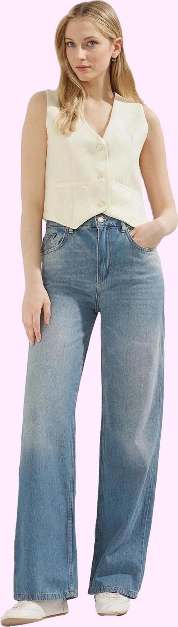 Kadın Geniş Paça Uzun Boy Jean Pantolon Pamuklu Günlük Kombinler Yaz Aylarının Vazgeçilmezi - Image 1