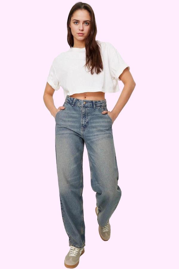 Kadın Düşük Bel Geniş Paça Baggy Jean Pamuk Günlük Stil Hafta Sonu Yaz Aylarının Vazgeçilmezi - Image 1