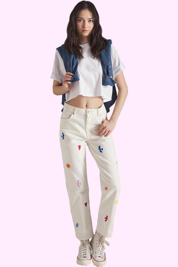 Kadın Yüksek Bel Geniş Paça Denim Pantolon Nakışlı Pamuk Günlük Yaz Aylarının Vazgeçilmezi - Image 1