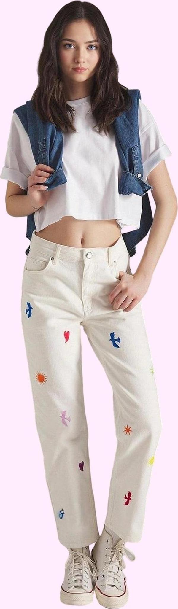 Kadın Yüksek Bel Geniş Paça Denim Pantolon Nakışlı Pamuk Günlük Yaz Aylarının Vazgeçilmezi - Image 1