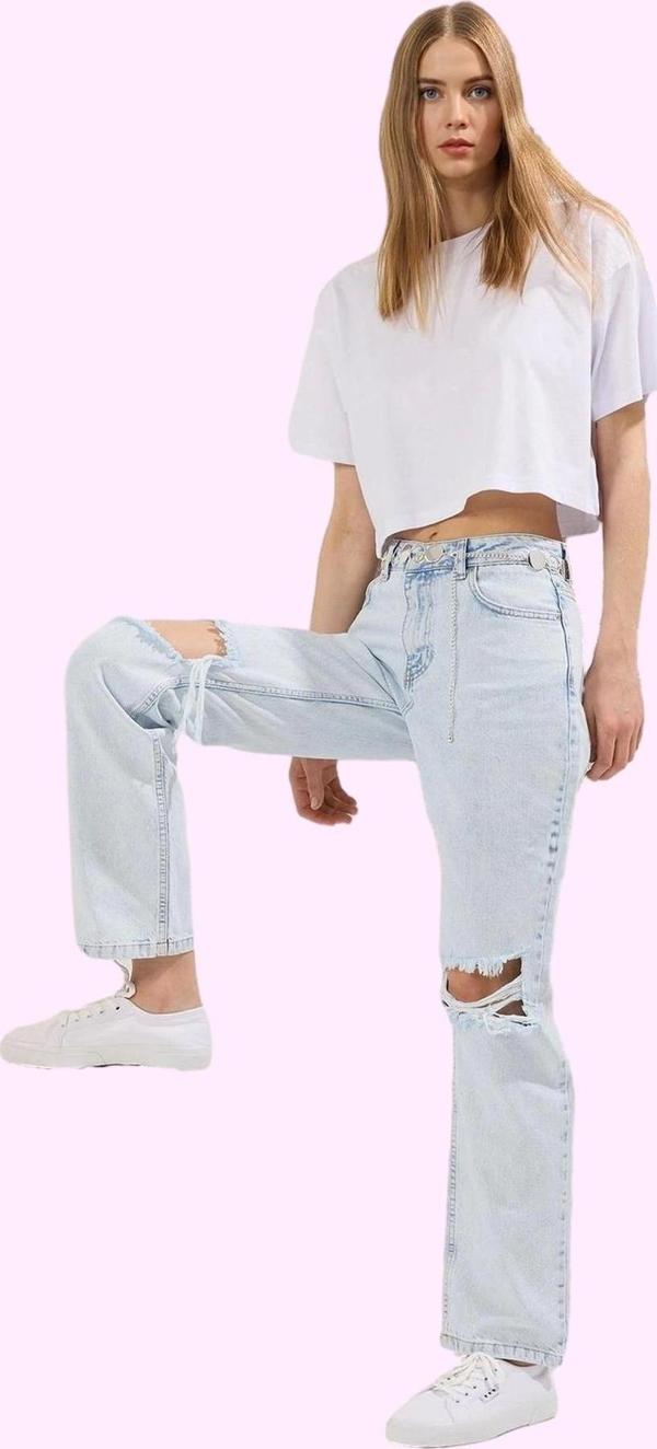 Kadın Yırtık Detaylı Normal Bel Geniş Paça Jean Pantolon Günlük Tarz Yaz Aylarının Vazgeçilmezi - Image 1