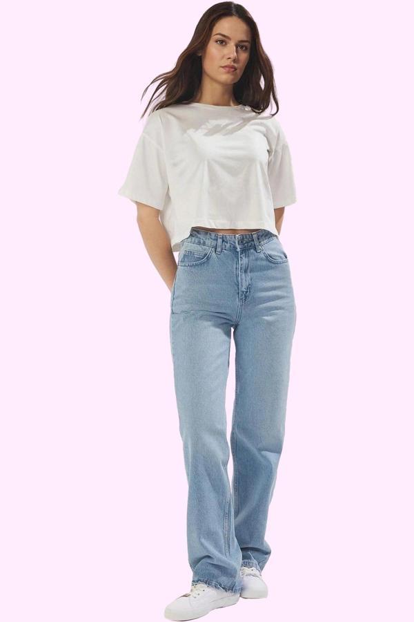 Kadın Yüksek Bel Uzun Boy Straight Jean Denim Pantolon Pamuk Günlük Stil Dayanıklı Malzeme - Image 1