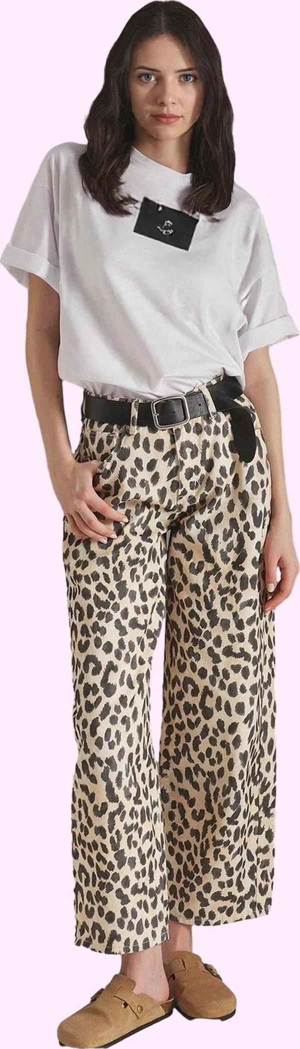 Kadın Geniş Paça Uzun Boy Leopar Desenli Denim Pantolon Pamuk Günlük Stil Kaliteli Malzeme - Image 1