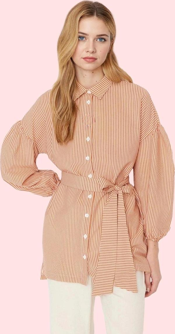 Kadın Çizgili Balon Kol Uzun Gömlek Gofre Dokuma Günlük Kullanım Yaz Aylarının Vazgeçilmezi - Image 1