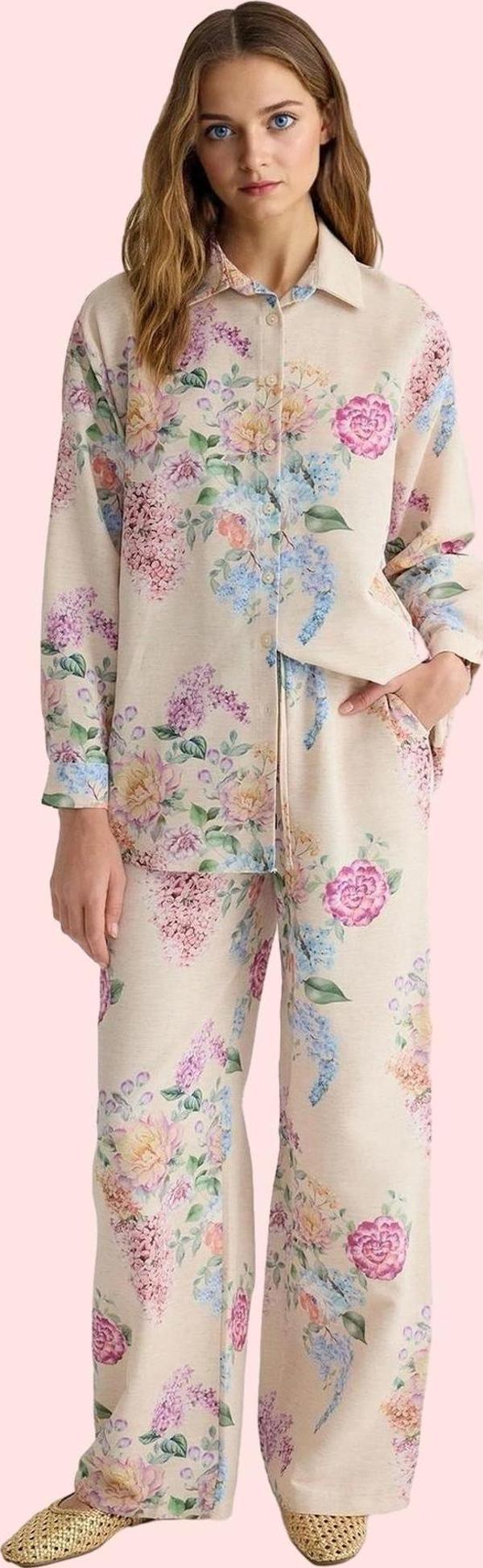 Kadın Çiçekli Desenli Oversize Keten Görünümlü Gömlek Polyester Günlük Kullanım Hafta Sonu - Image 1