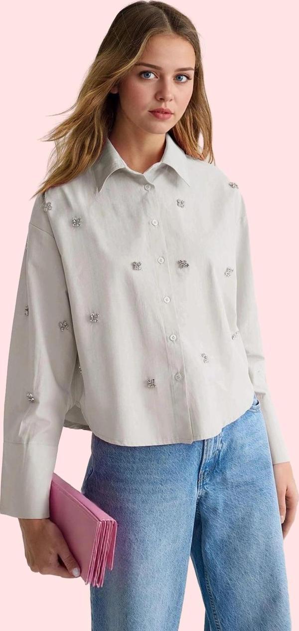 Kadın Oversize Dokuma Gömlek Taş Detaylı Uzun Kollu Günlük Hafta Sonu Yaz Aylarının Vazgeçilmezi - Image 1