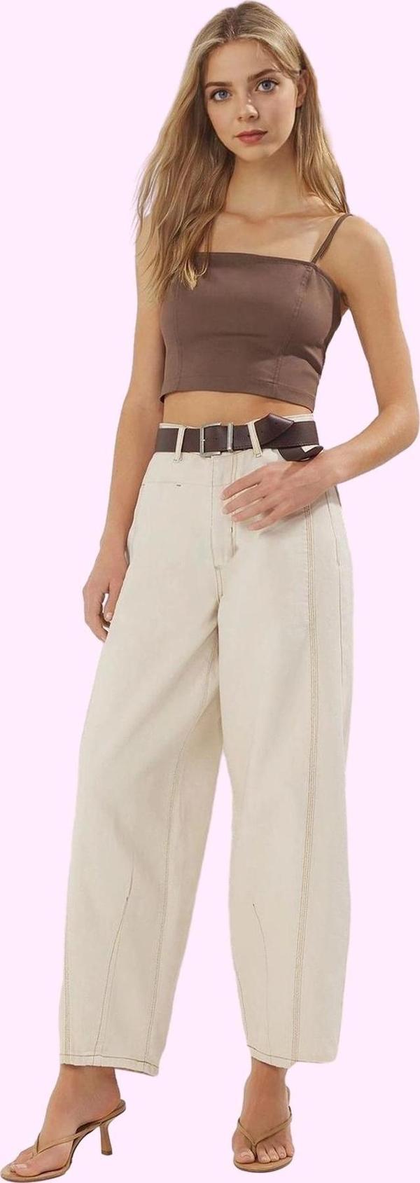 Kadın Yüksek Bel Geniş Paça Kemerli Kot Pantolon Pamuk Günlük Kullanım Yaz Aylarının Vazgeçilmezi - Image 1