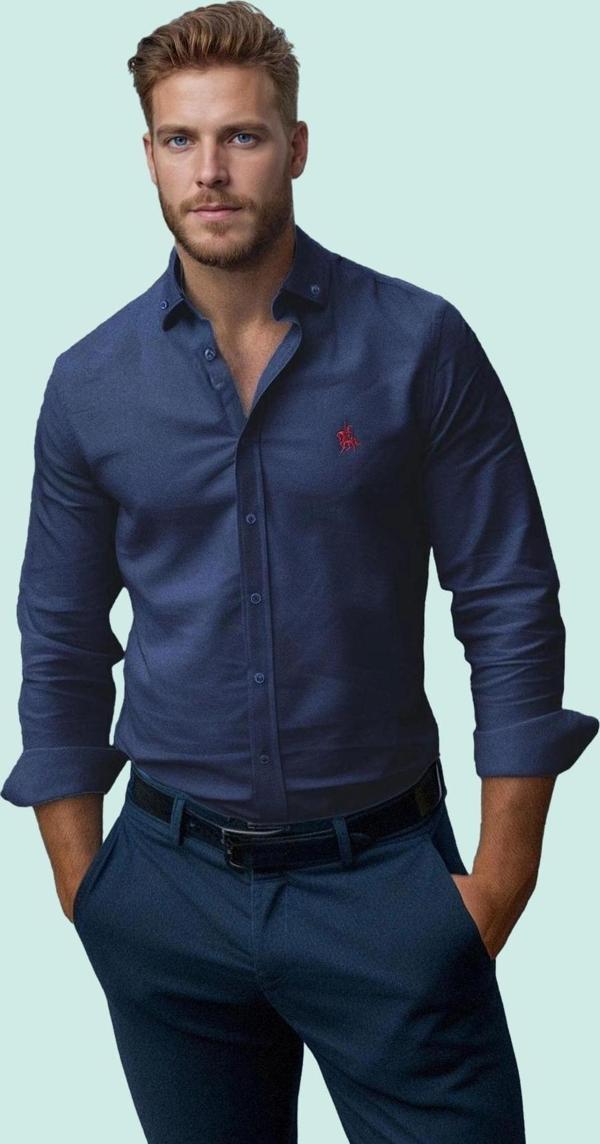 Erkek Regular Fit Nakış Detaylı Smart Gömlek Uzun Kol Pamuklu Günlük Kullanım Modern Tasarım - Image 1
