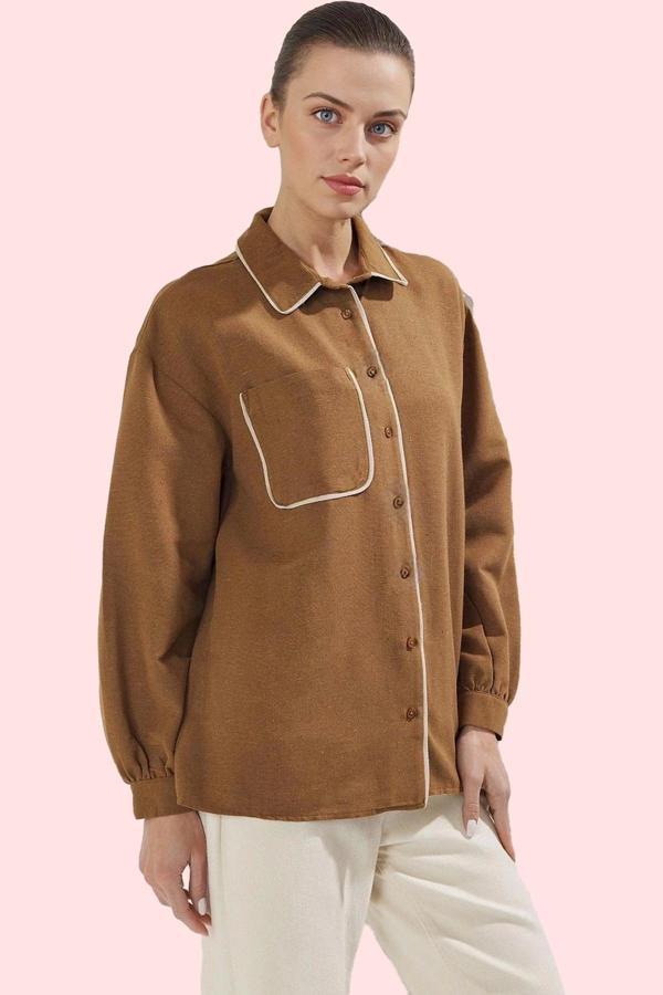 Kadın Oversize Keten Görünümlü Gömlek Uzun Kollu Günlük Stil Hafta Sonu Yaz Aylarının Vazgeçilmezi - Image 1