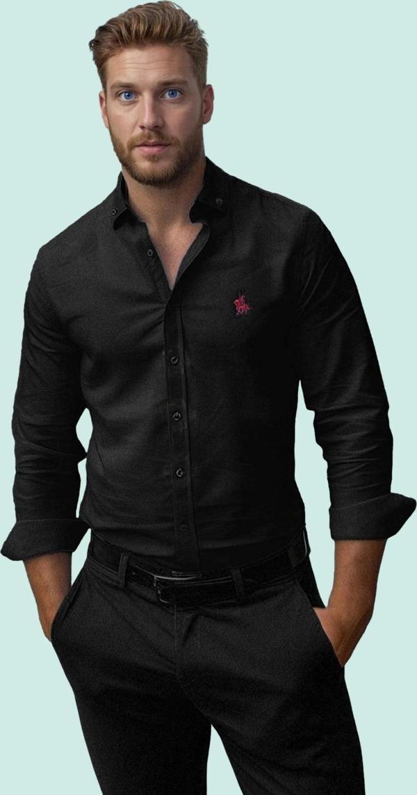 Erkek Regular Fit Nakış Detaylı Smart Gömlek Uzun Kol Pamuklu Günlük Kullanım Modern Tasarım - Image 1