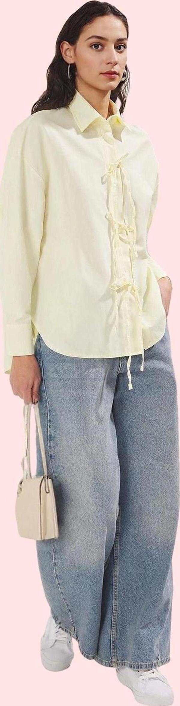Kadın Terrycotton Dokuma Uzun Kollu Gömlek Bağcıklı Günlük Stil Yaz Aylarının Vazgeçilmezi - Image 1