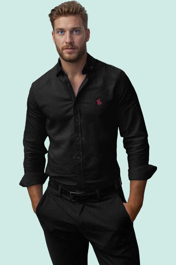 Erkek Regular Fit Nakış Detaylı Smart Gömlek Uzun Kol Pamuklu Günlük Kullanım Modern Tasarım - Image 1