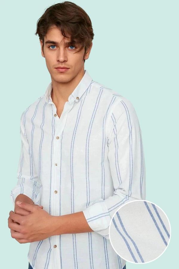 Erkek Slim Fit İnce Çizgili Gömlek Yaka Düğmeli Uzun Kollu Günlük Yaz Aylarının Vazgeçilmezi - Image 1