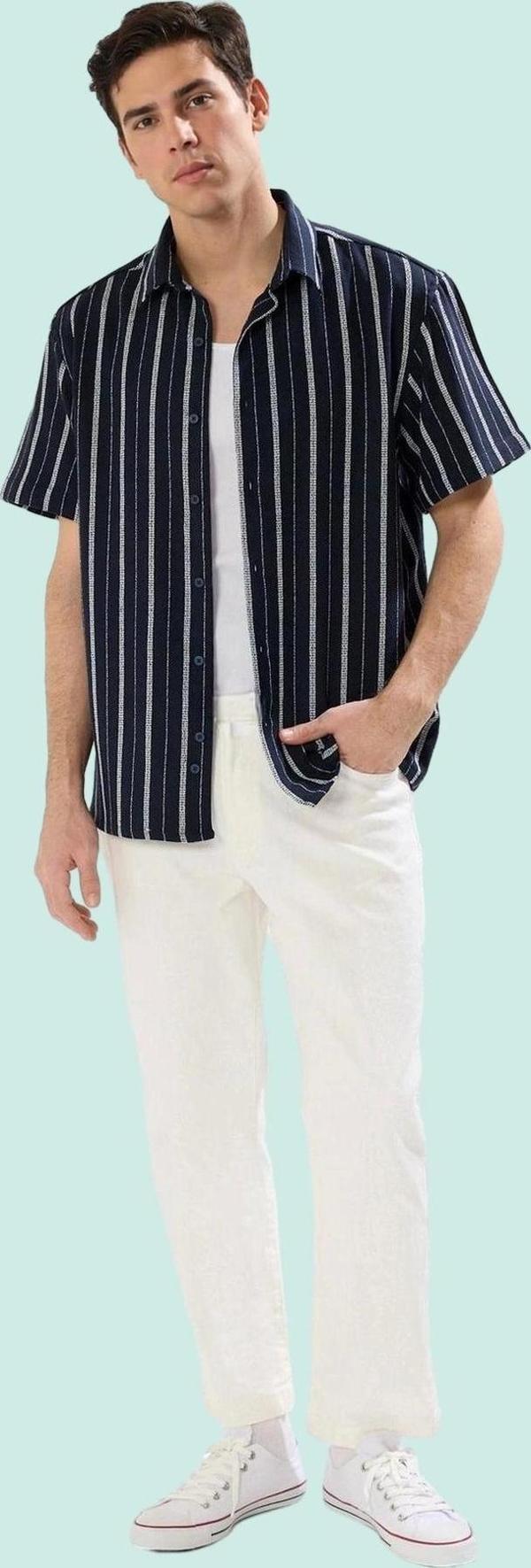 Erkek Kısa Kollu Çizgili Etamin Gömlek Apaş Yaka Regular Fit Yazlık Yaz Aylarının Vazgeçilmezi - Image 1