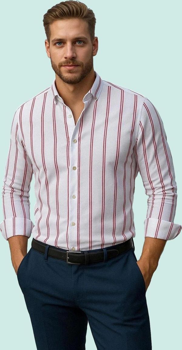 Erkek Slim Fit İnce Çizgili Gömlek Yaka Düğmeli Uzun Kollu Günlük Yaz Aylarının Vazgeçilmezi - Image 1