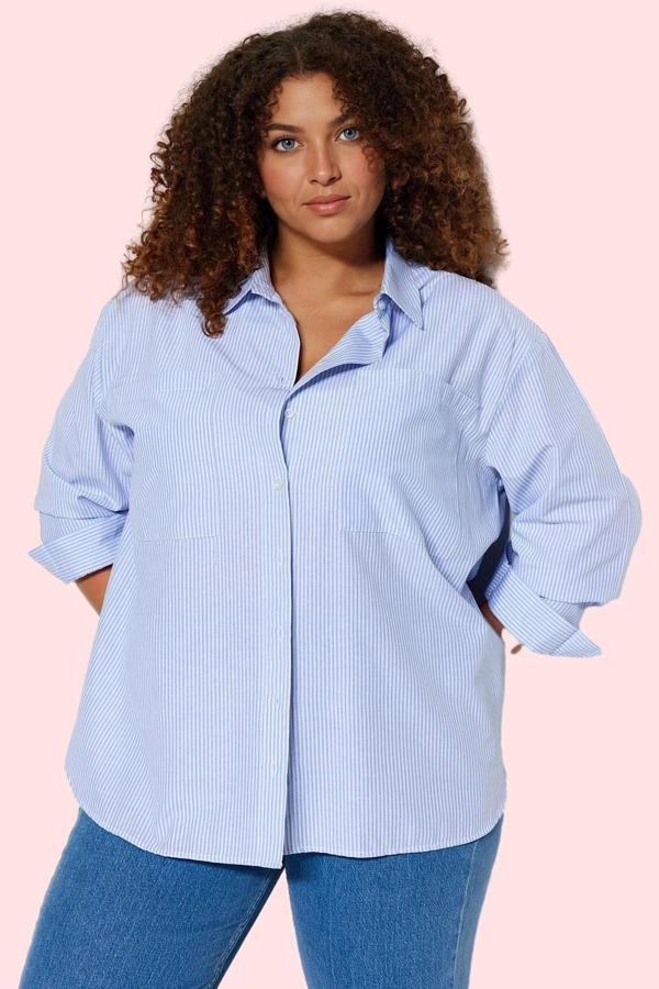 Kadın Oversize Çizgili Poplin Gömlek Rahat Günlük Kombinler Hafta Sonu Yaz Aylarının Vazgeçilmezi - Image 1