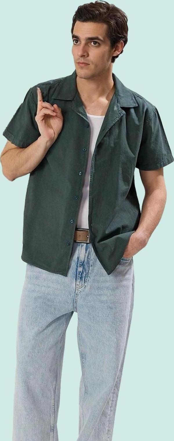 Erkek Keten Görünümlü Apaş Yaka Kısa Kollu Pamuklu Gömlek Rahat Günlük Stil Modern Tasarım - Image 1
