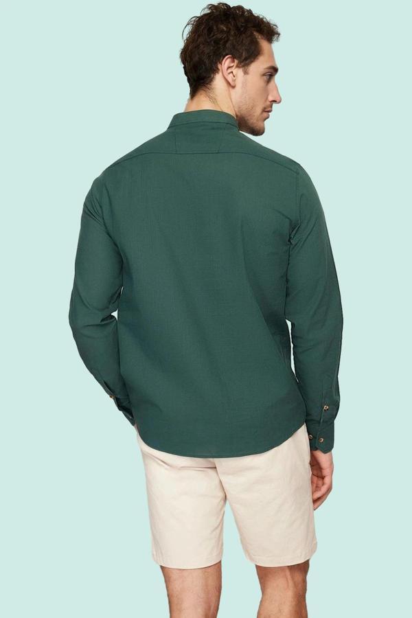 Erkek Slim Fit Hakim Yaka Pamuklu Keten Görünümlü Gömlek Günlük Kullanım Dayanıklı Malzeme - Image 1