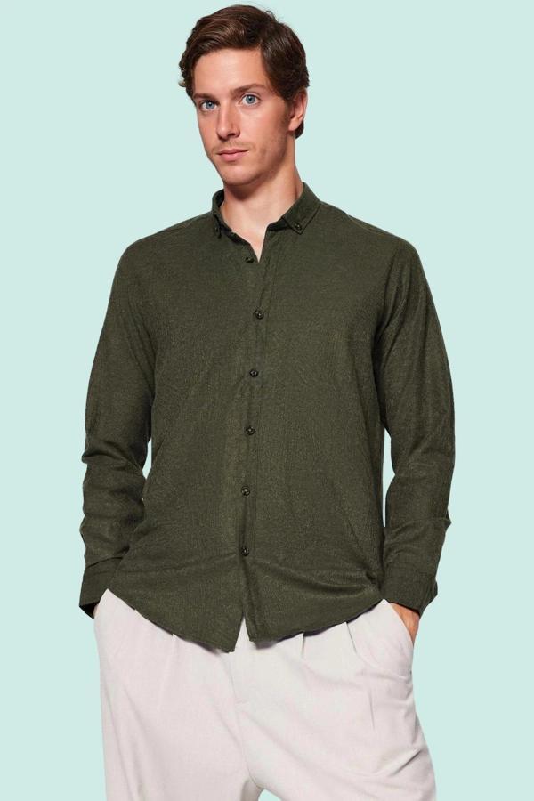 Erkek Kışlık Flanel Gömlek Düz Desen Yaka Düğmeli Casual Günlük Kullanım Dayanıklı Malzeme - Image 1