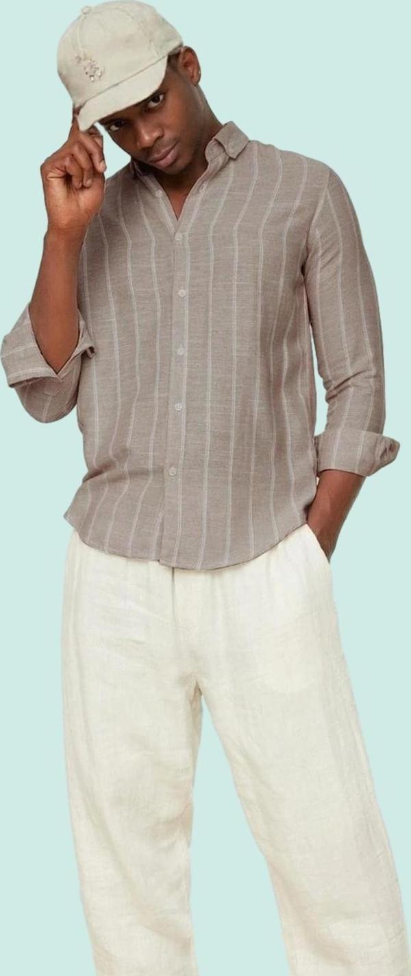Erkek Slim Fit Çizgili Gömlek Pamuklu İş Ve Günlük Kullanım Hafta Sonu Yaz Aylarının Vazgeçilmezi - Image 1