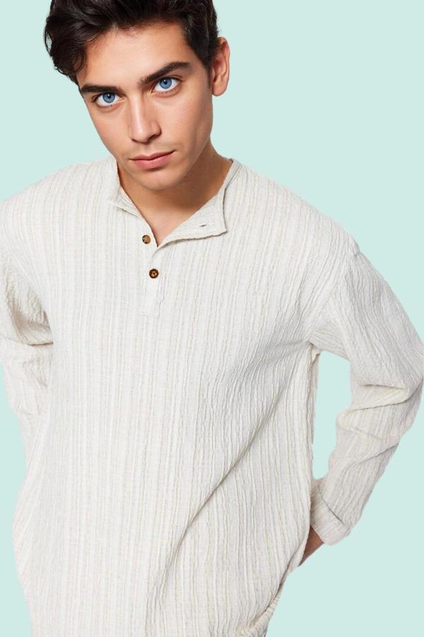 Erkek Relaxed Fit Keten Karışımlı Gömlek Bisiklet Yaka Düz Desen Casual Günlük Özel Günler - Image 1