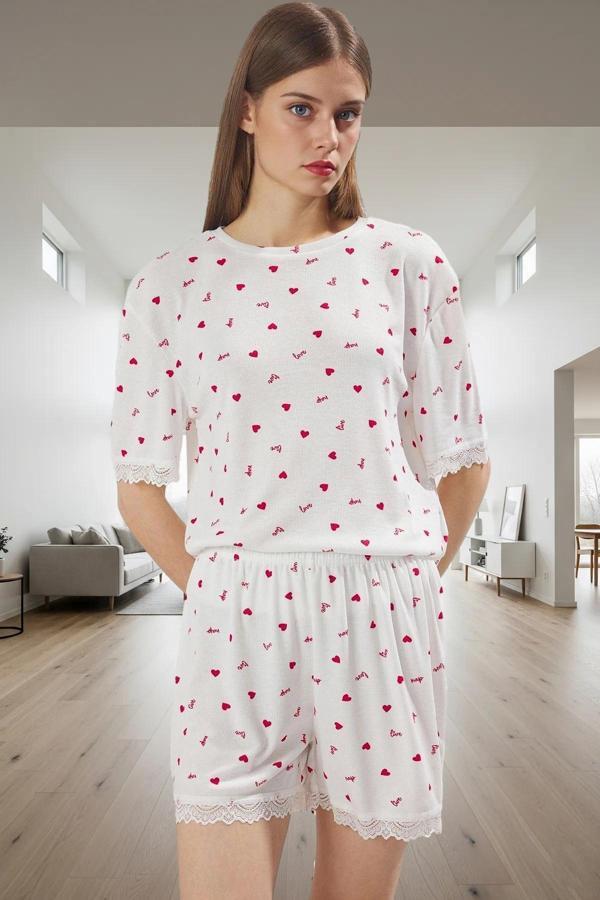 Rahat Pijama Takımı Kalp Desenli Örme Kumaş Dantel Detay Yazlık Uzun Ömürlü Mükemmel Uyum - Image 1