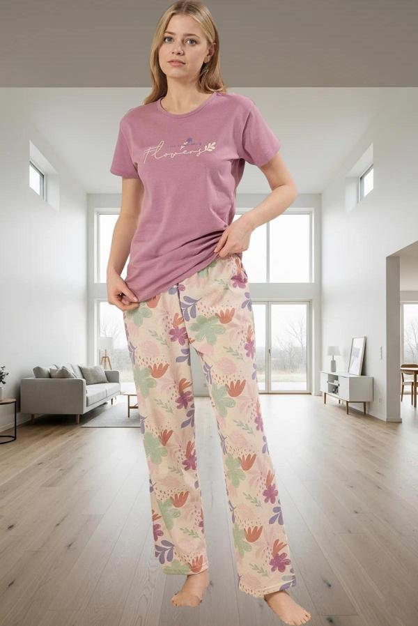 Pamuklu Çiçekli Pijama Takımı Renk Regular Kalıp Boru Paça Şık Görünüm Konforlu Kesim - Image 1