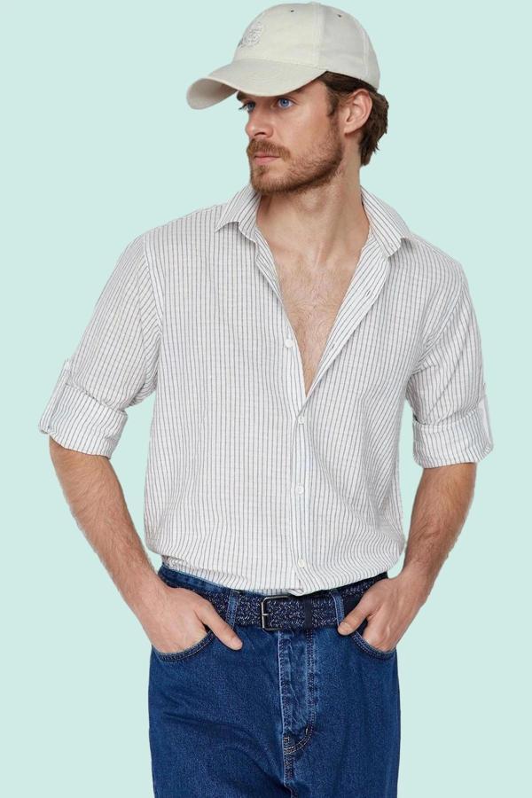 Erkek Keten Karışımlı Çizgili Gömlek Regular Fit Yaka Casual Günlük Yaz Aylarının Vazgeçilmezi - Image 1